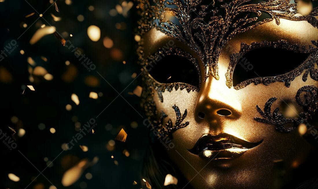 Máscara dourada com detalhes pretos e glitter