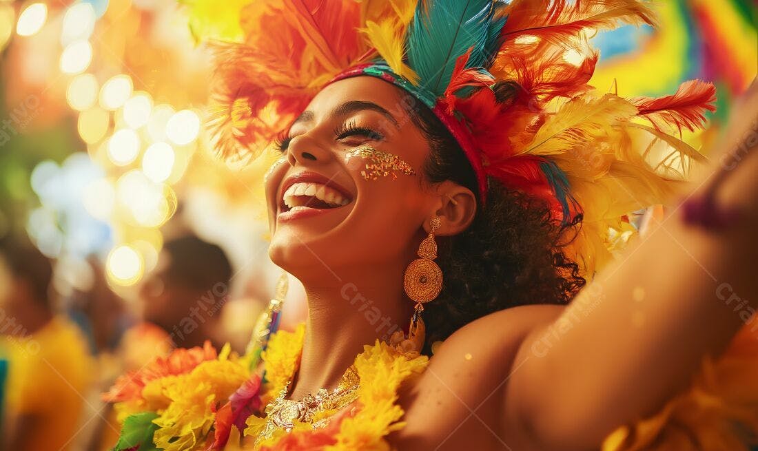 Mulher radiante em carnaval com penas vibrantes