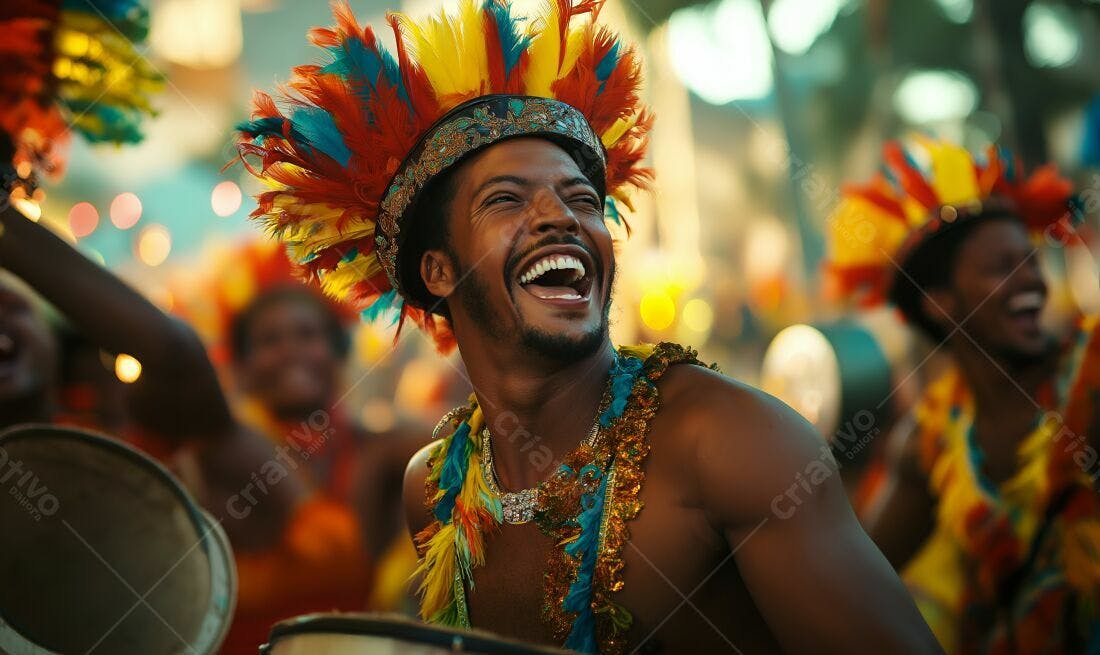 Homem negro alegre em festa com penas coloridas