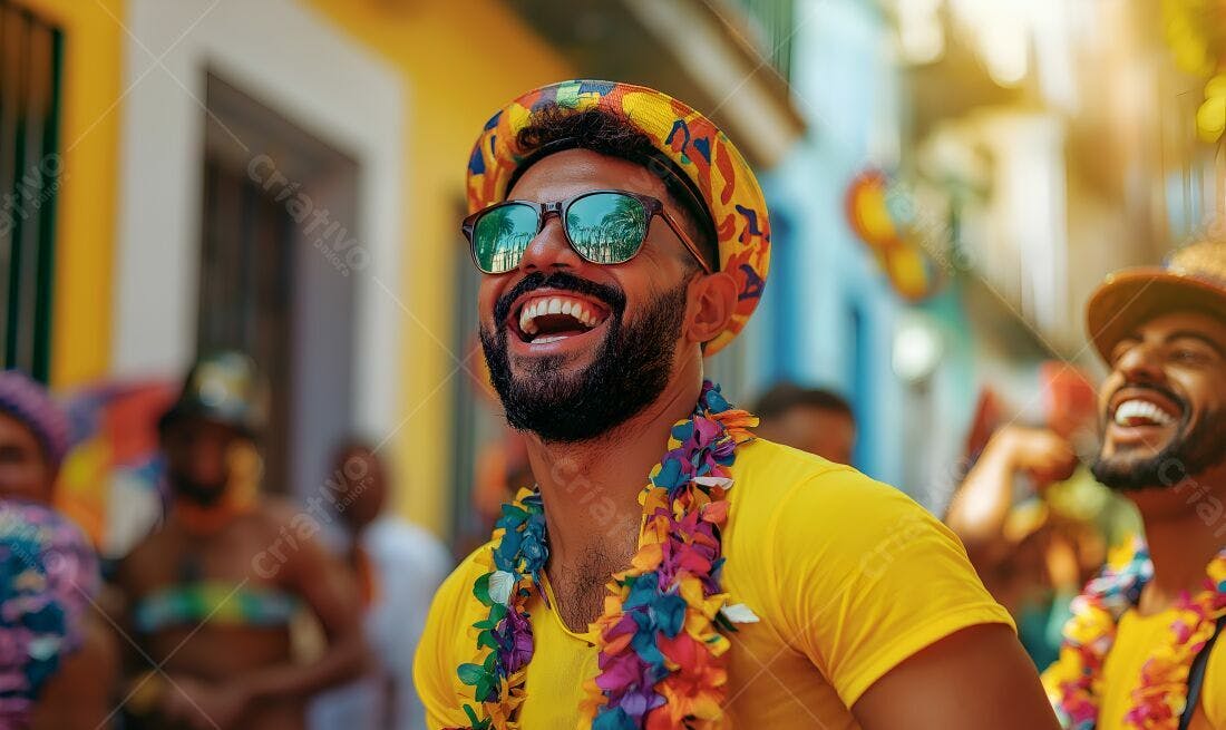 Homem rindo no Carnaval usando chapéu e óculos
