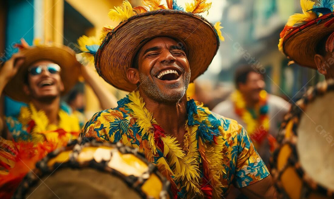 Homem alegre em festa com chapéu e camisa havaiana