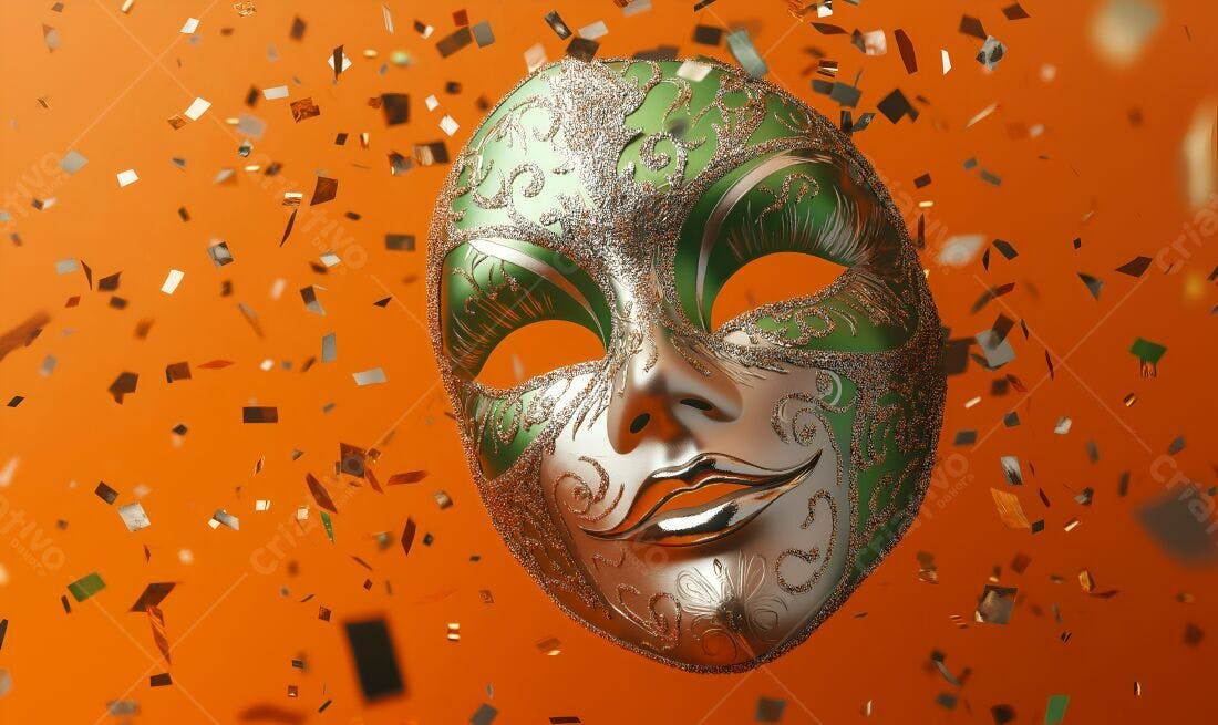 Máscara de Carnaval verde e prata com confetes