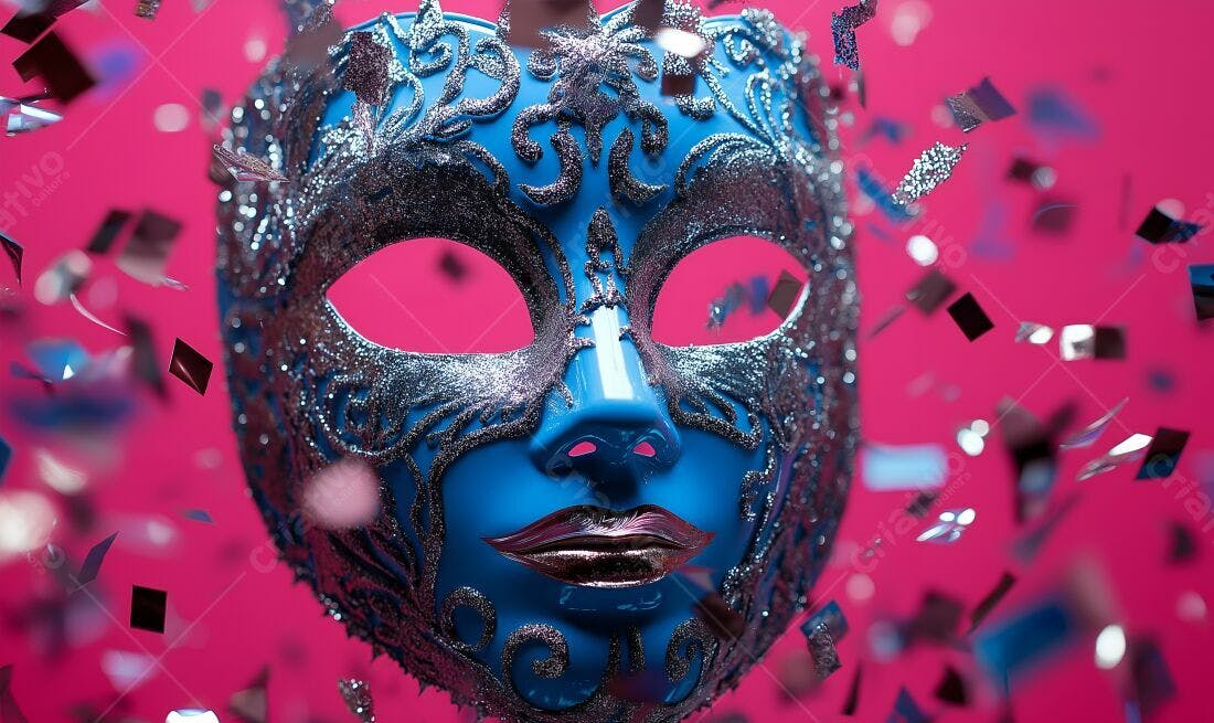 Máscara azul com detalhes prateados e confete