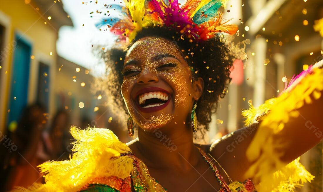 Mulher negra feliz Carnaval glitter dourado