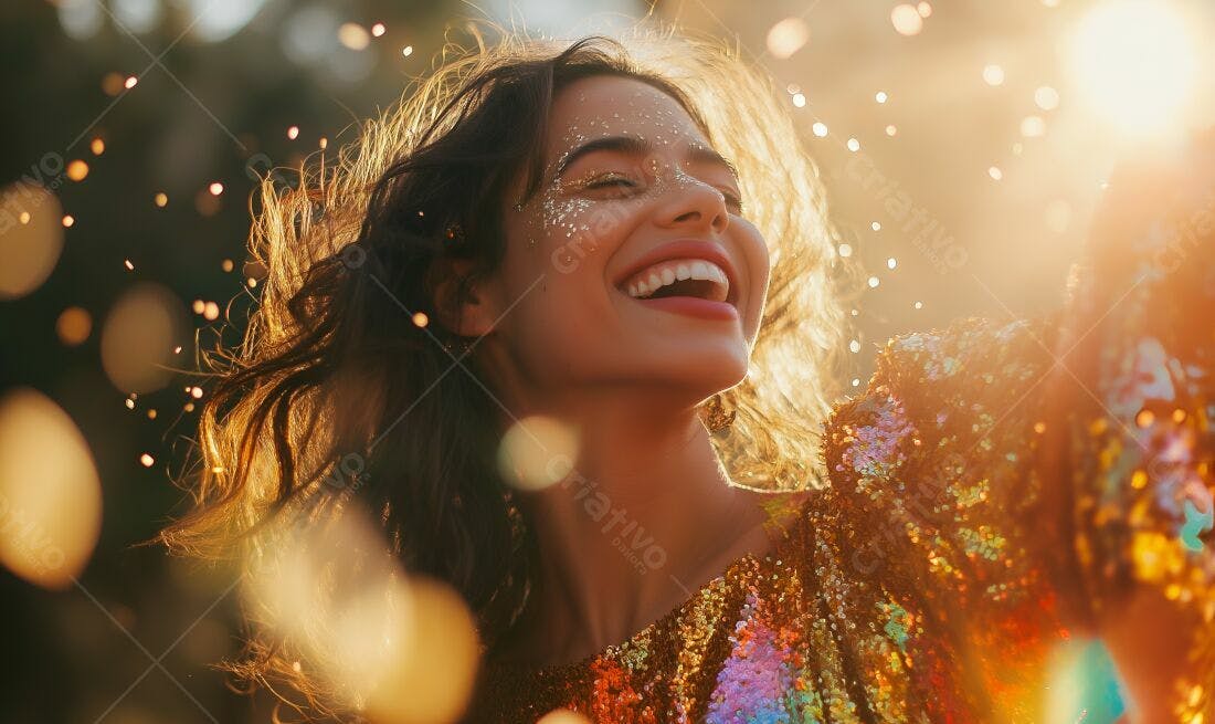 Mulher feliz em vestido dourado com glitter