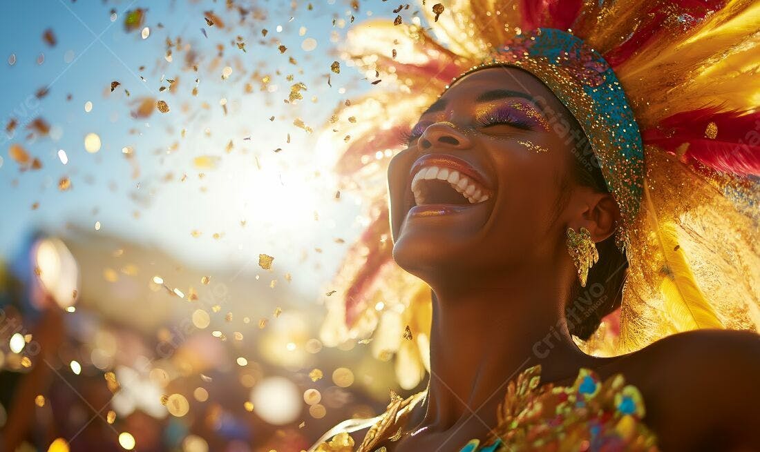 Mulher negra radiante em carnaval com confetes dourados