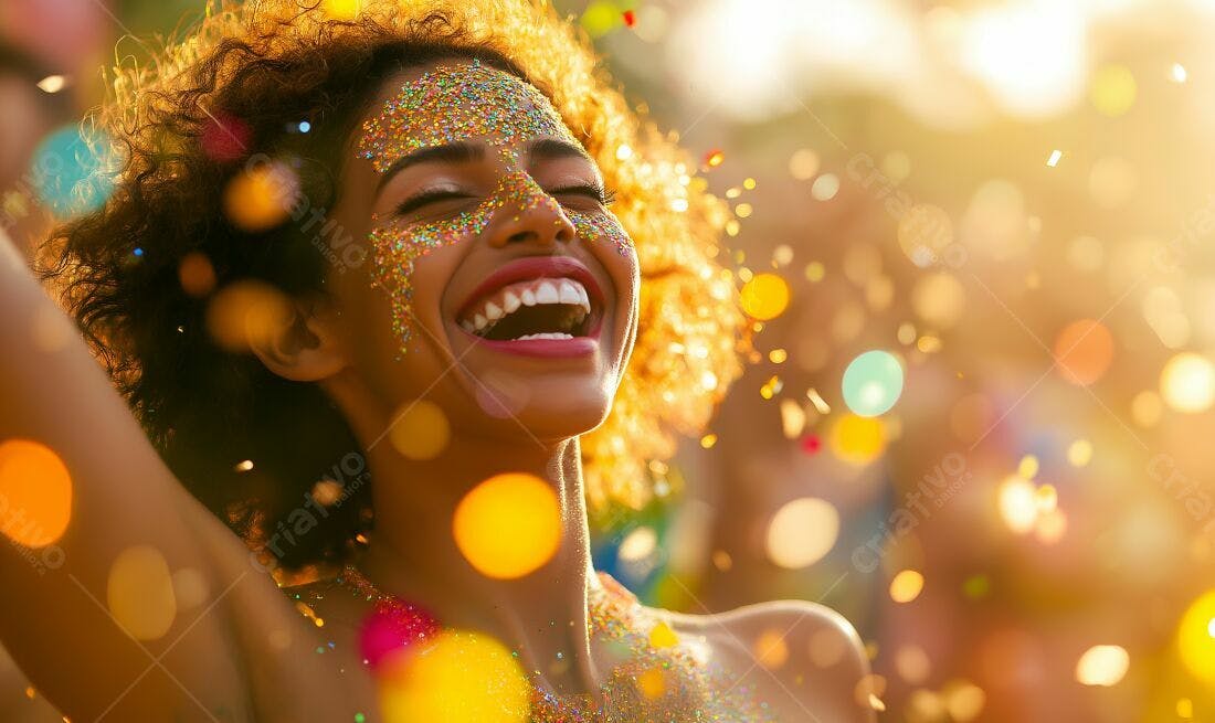Mulher negra alegre com glitter em festival