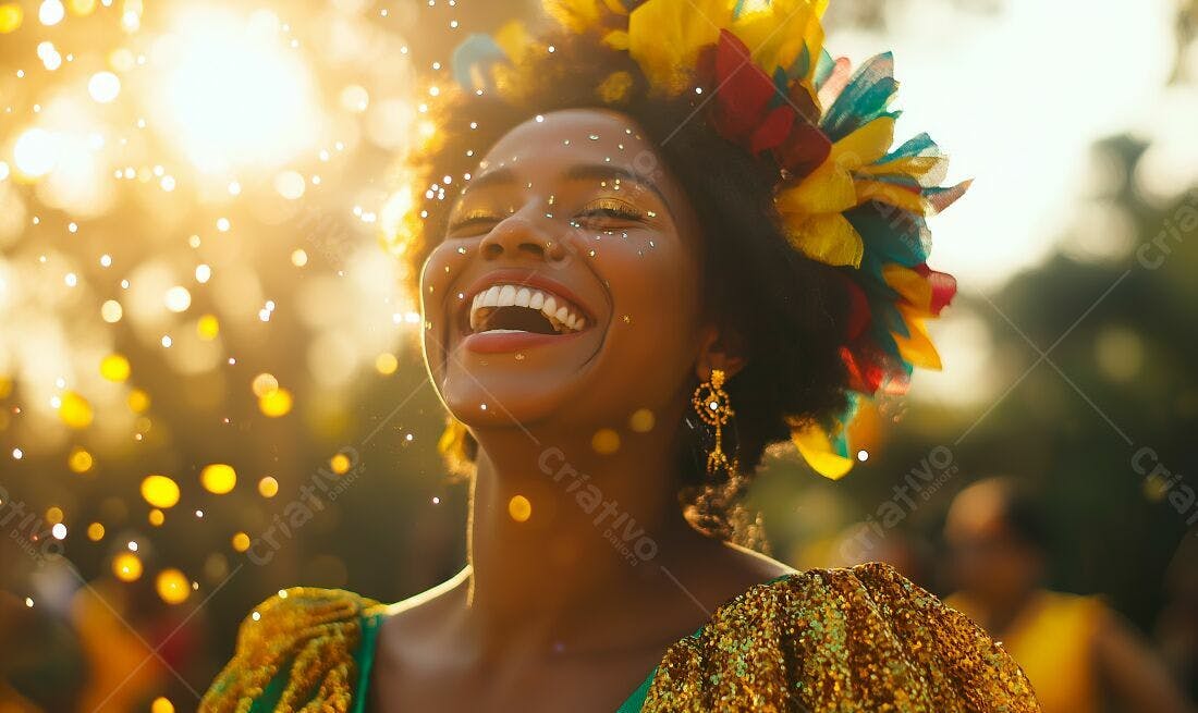 Mulher negra alegre Carnaval glitter dourado