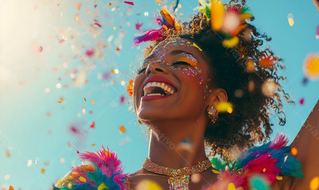 Mulher negra alegre em festa com confete