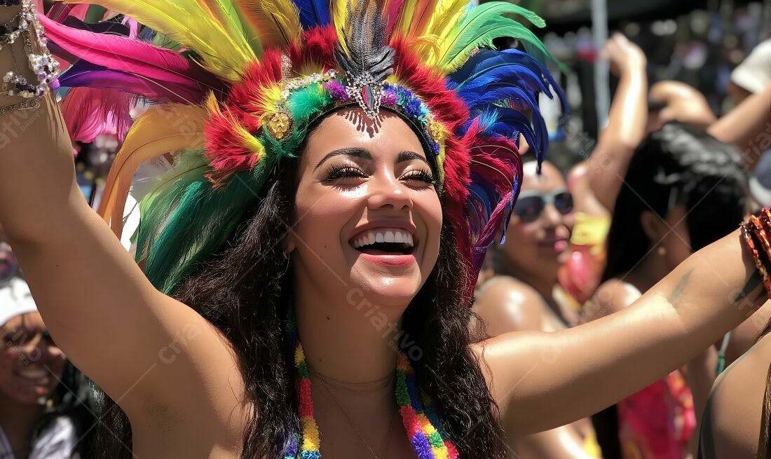 Mulher feliz em Carnaval com fantasia colorida