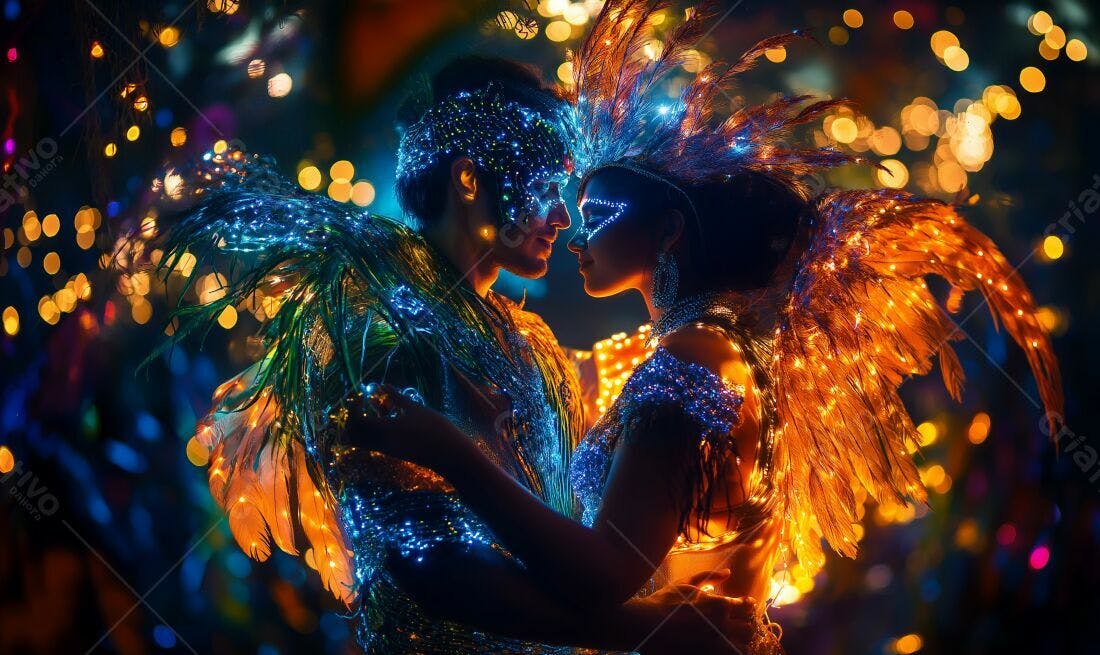 Casal apaixonado em fantasias com luzes de LED