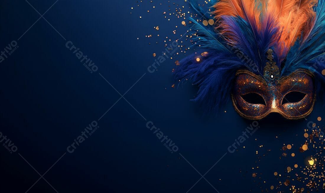 Máscara de Carnaval azul e dourado com penas