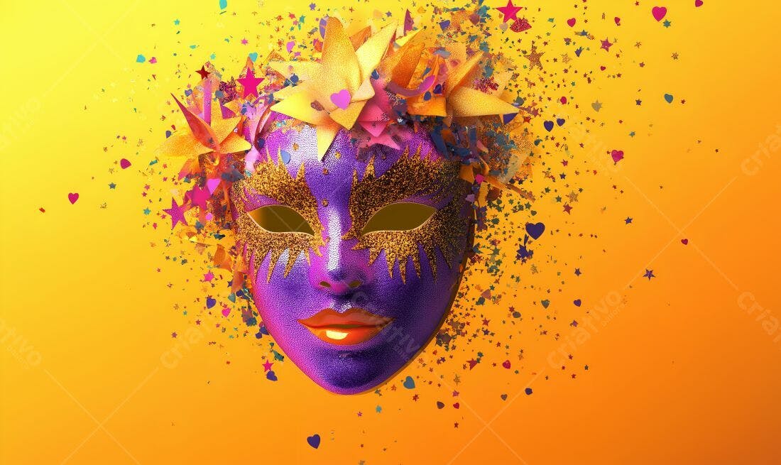 Máscara roxa com glitter dourado e confete
