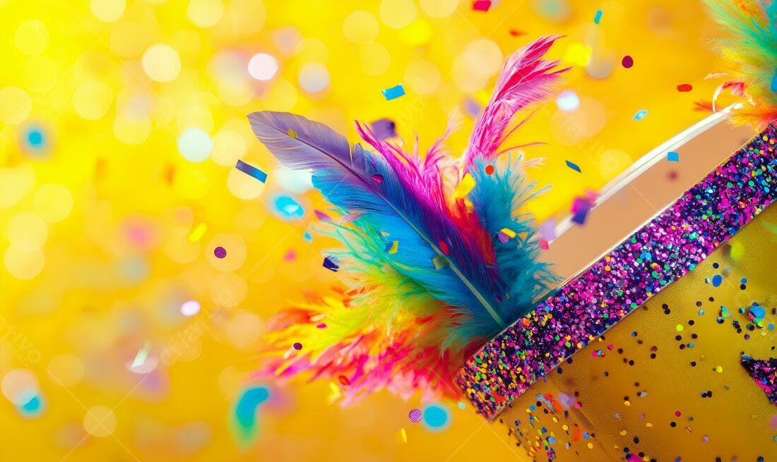 Plumas coloridas e confete em fundo amarelo