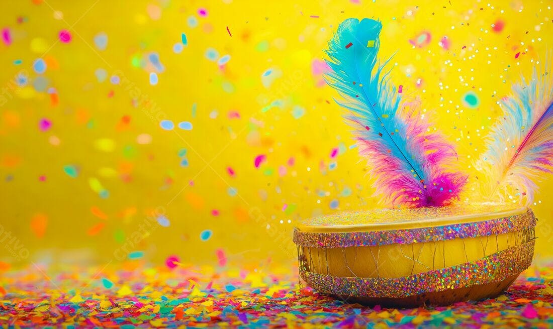 Tamborim com penas e confete amarelo