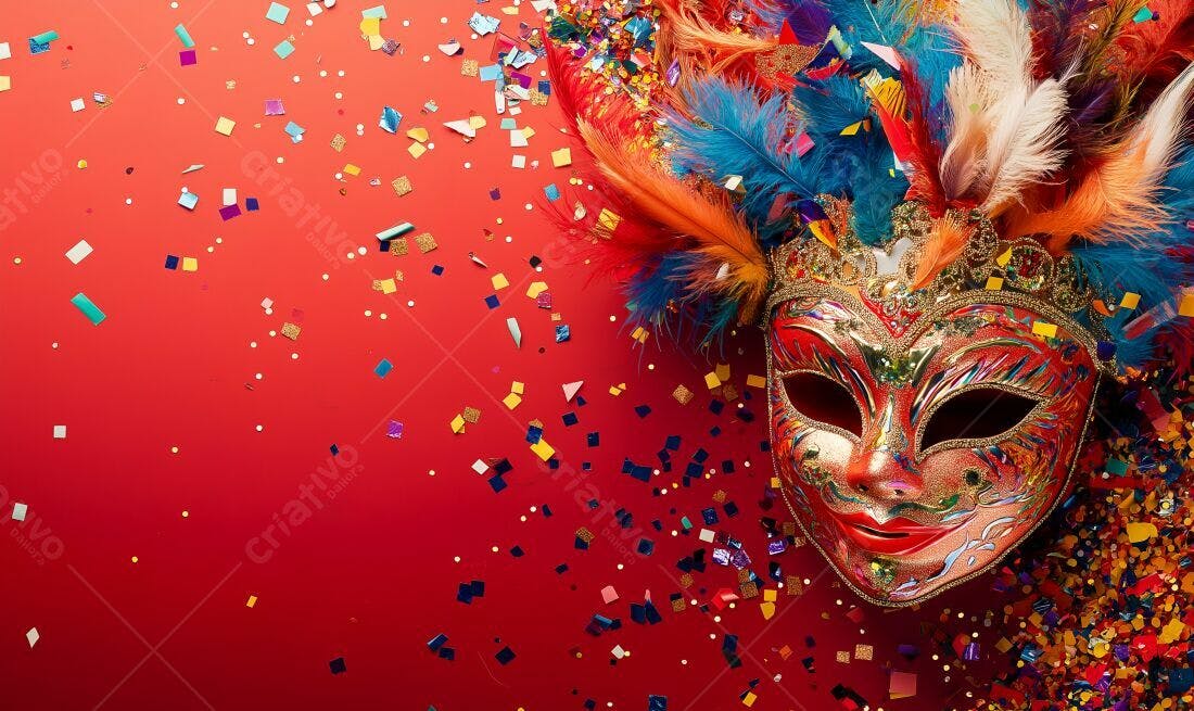 Máscara de Carnaval com penas coloridas e confetes