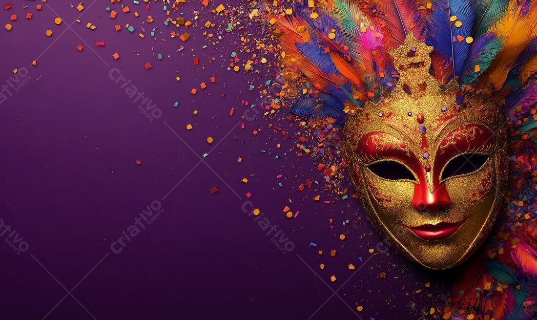 Máscara de Carnaval dourada e vermelha com penas