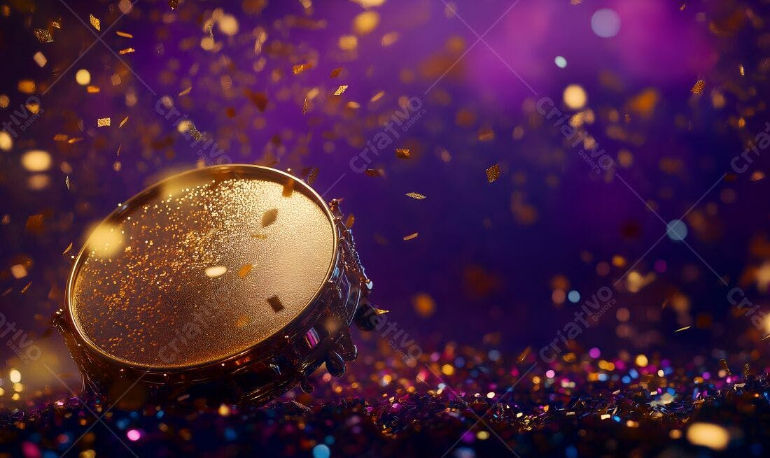 Tambor dourado com confete dourado e roxo