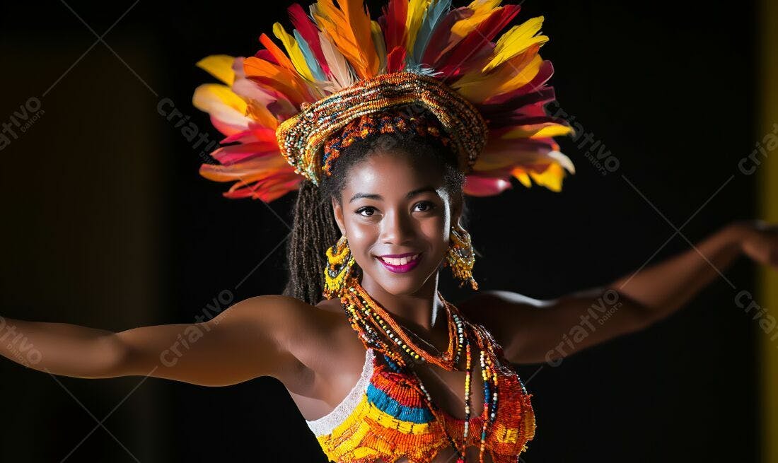 Bailarina negra com fantasia colorida e penas