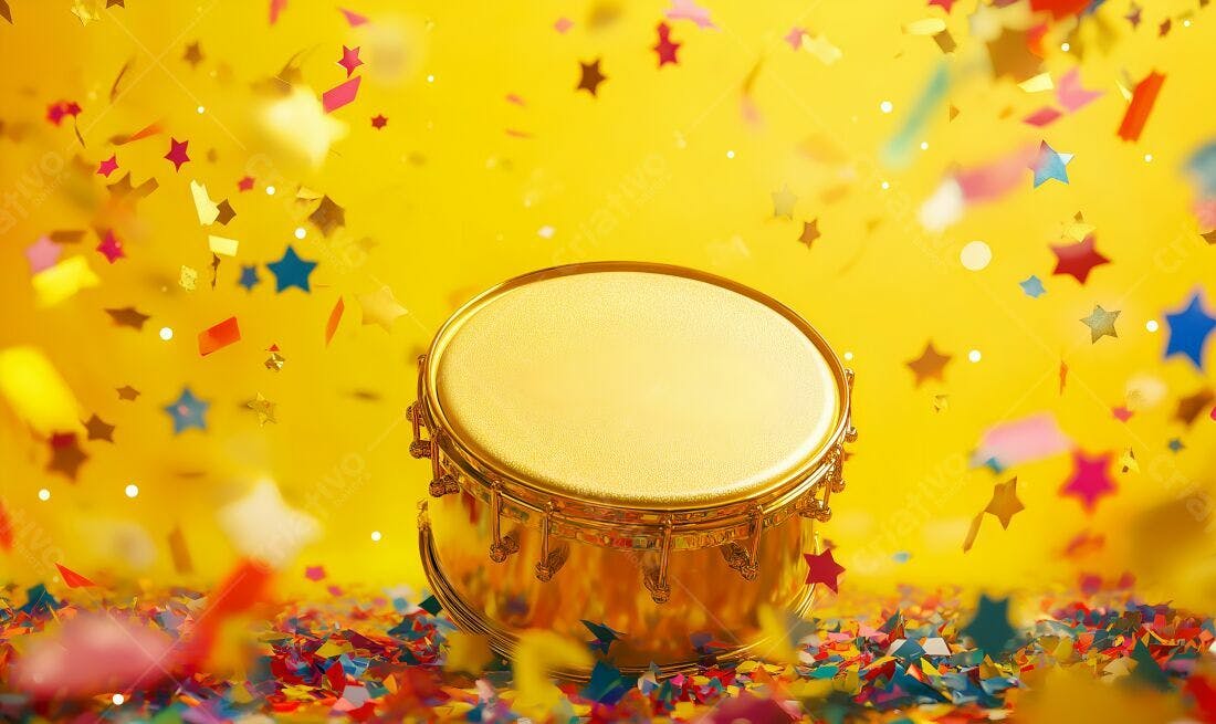 Tambor dourado em festa com confete