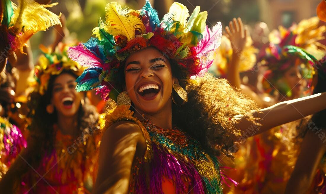 Mulher rindo em desfile de Carnaval