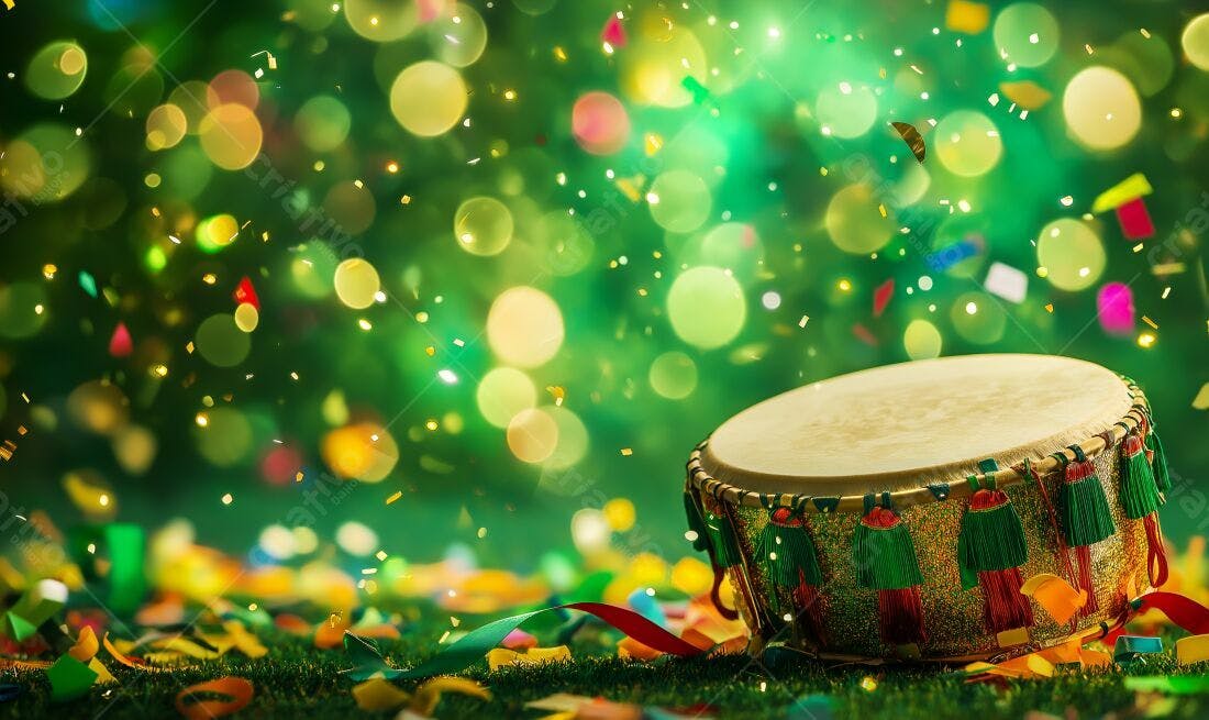 Tambor dourado em festa com confetes