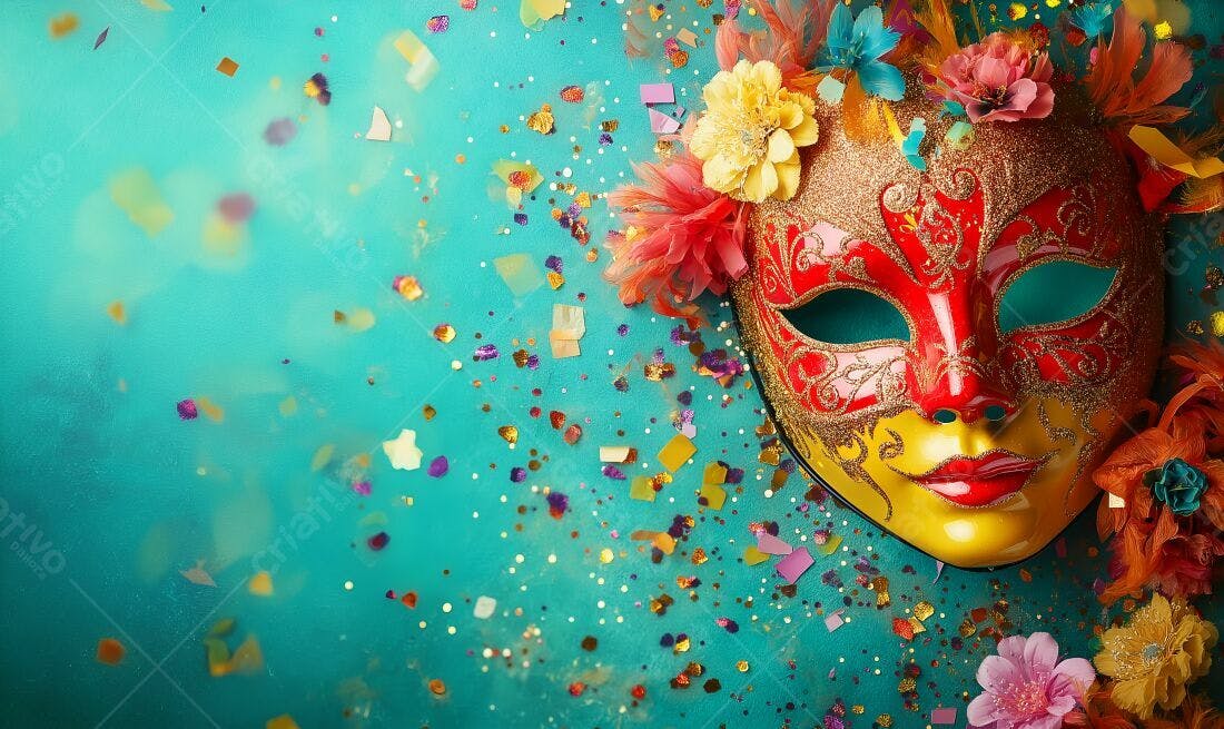 Máscara de Carnaval Vermelha e Dourada com Confetes
