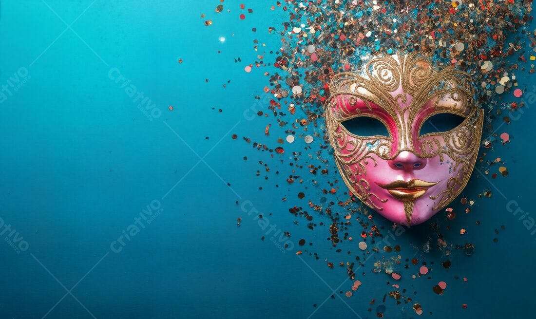 Máscara de Carnaval Rosa e Dourada com Glitter