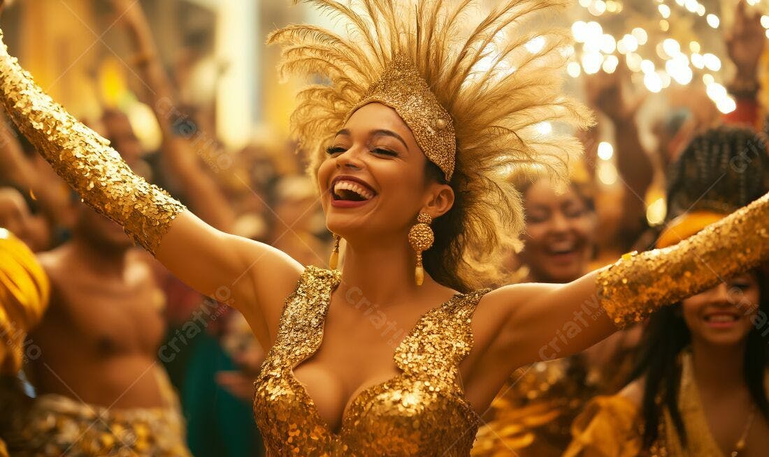 Bailarina em traje dourado no Carnaval
