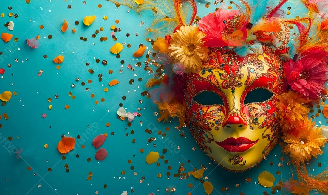 Máscara de Carnaval com Flores e Confetes