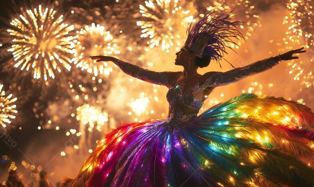 Bailarina com vestido de penas em show pirotécnico