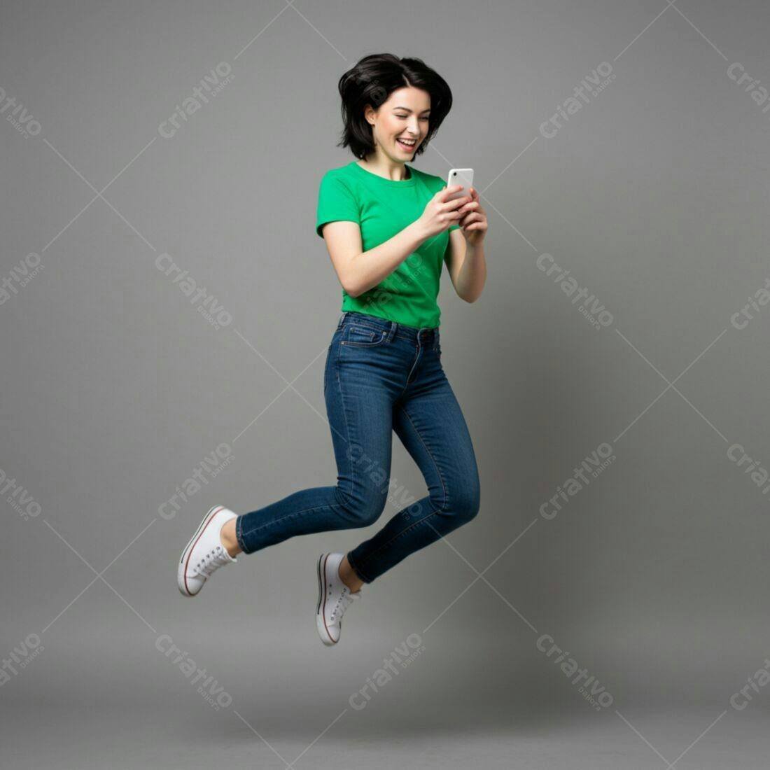 Mulher pulando feliz com celular verde