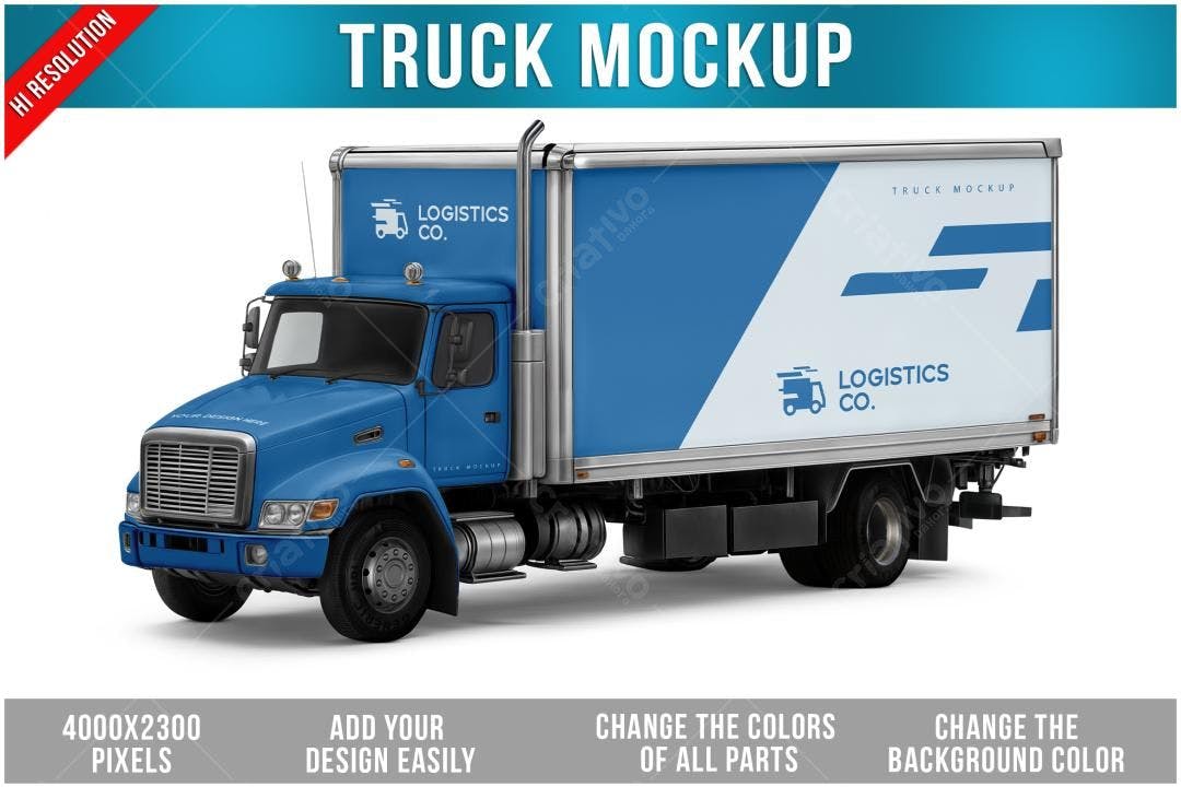 Mockup Realista de Caminhão de Entrega Azul e Branco