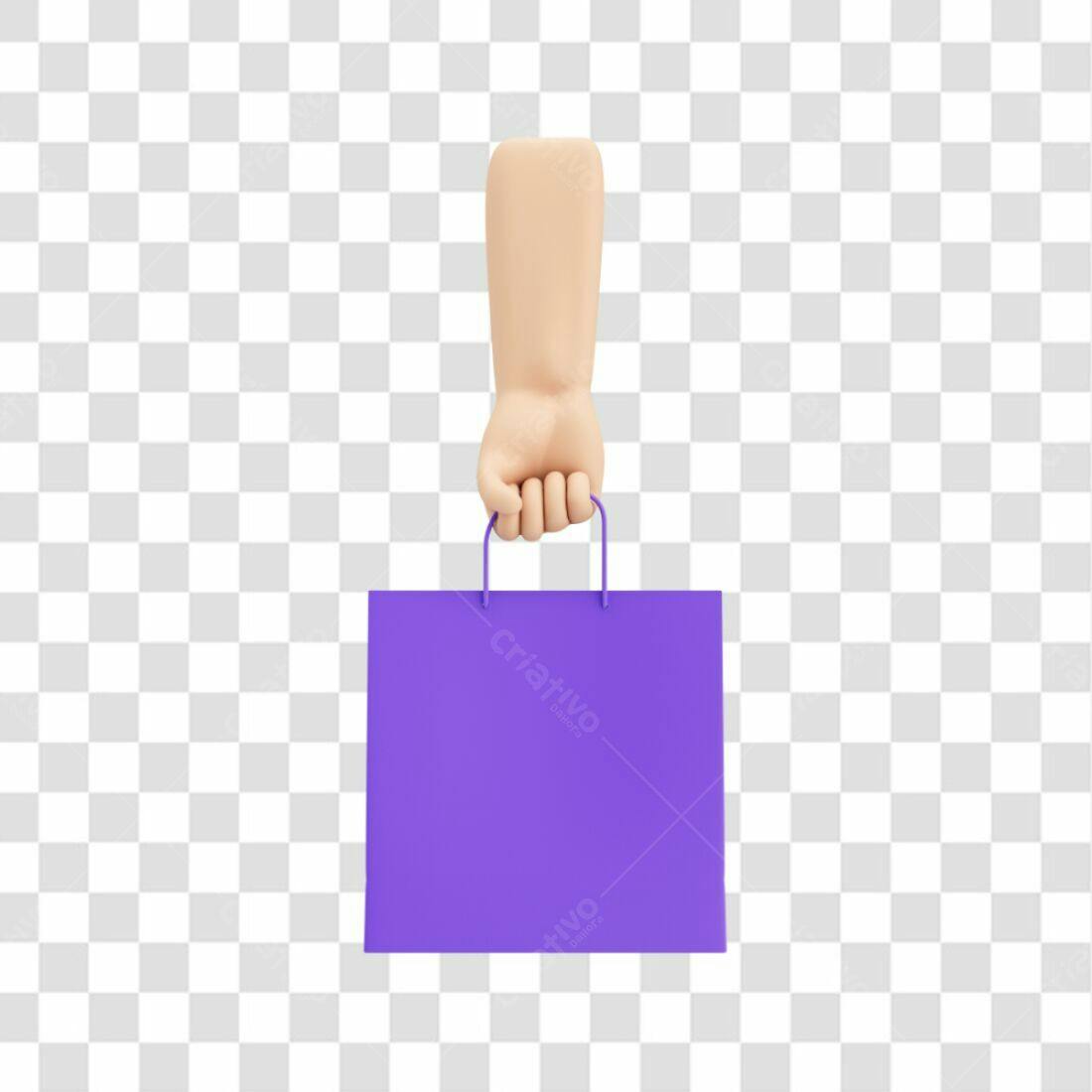 Banner promocional mão com sacola roxa PNG com fundo transparente