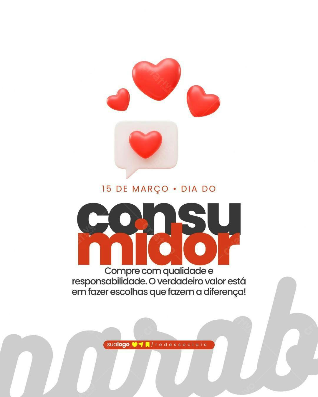 Post Instagram Dia do Consumidor com corações vermelhos Editável no Canva
