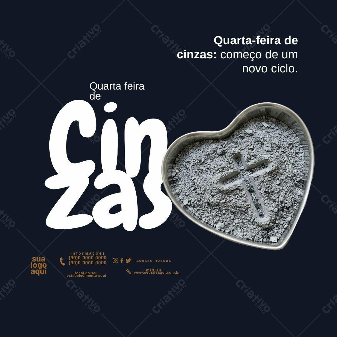 Post Instagram Quarta-Feira de Cinzas cinza e branco Editável no Canva
