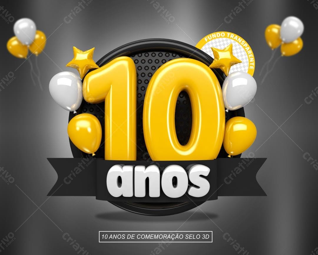 Selo 3D comemorativo amarelo e branco com balões