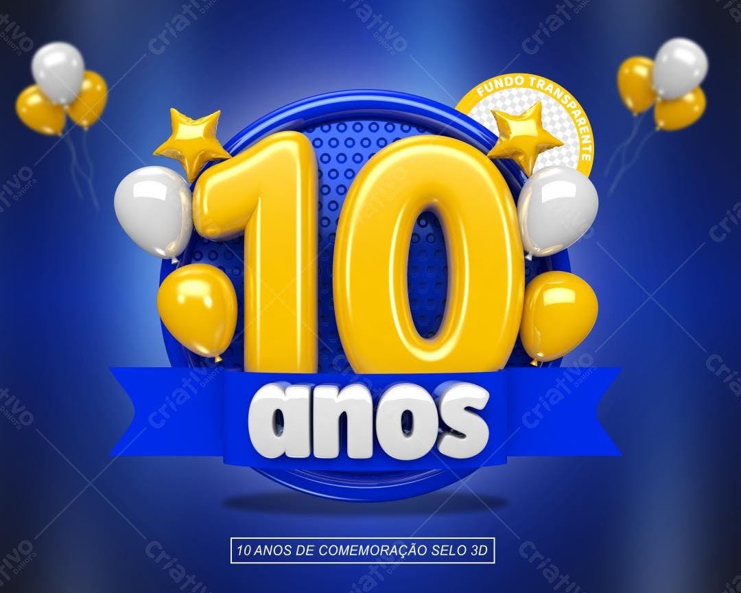 Selo 3D Aniversário 10 anos Amarelo e Azul