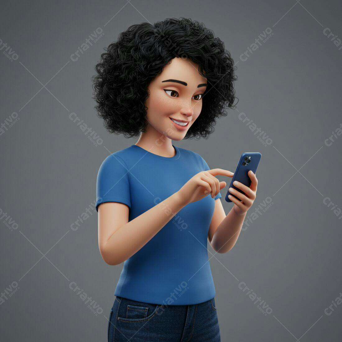 Mulher animada usando celular azul
