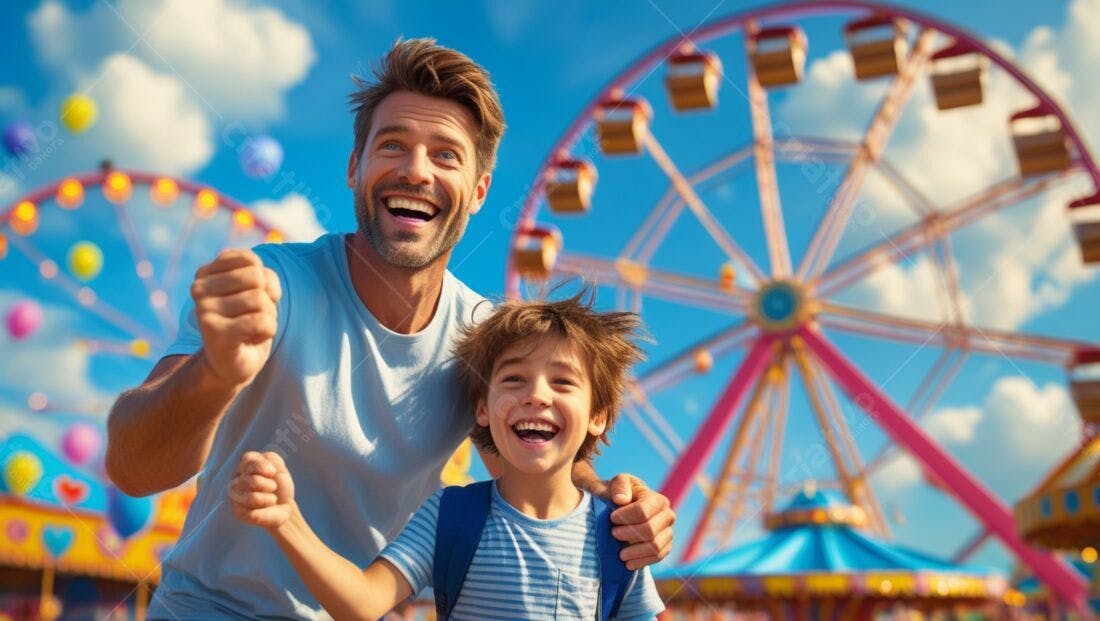 Pai e filho felizes em parque de diversões