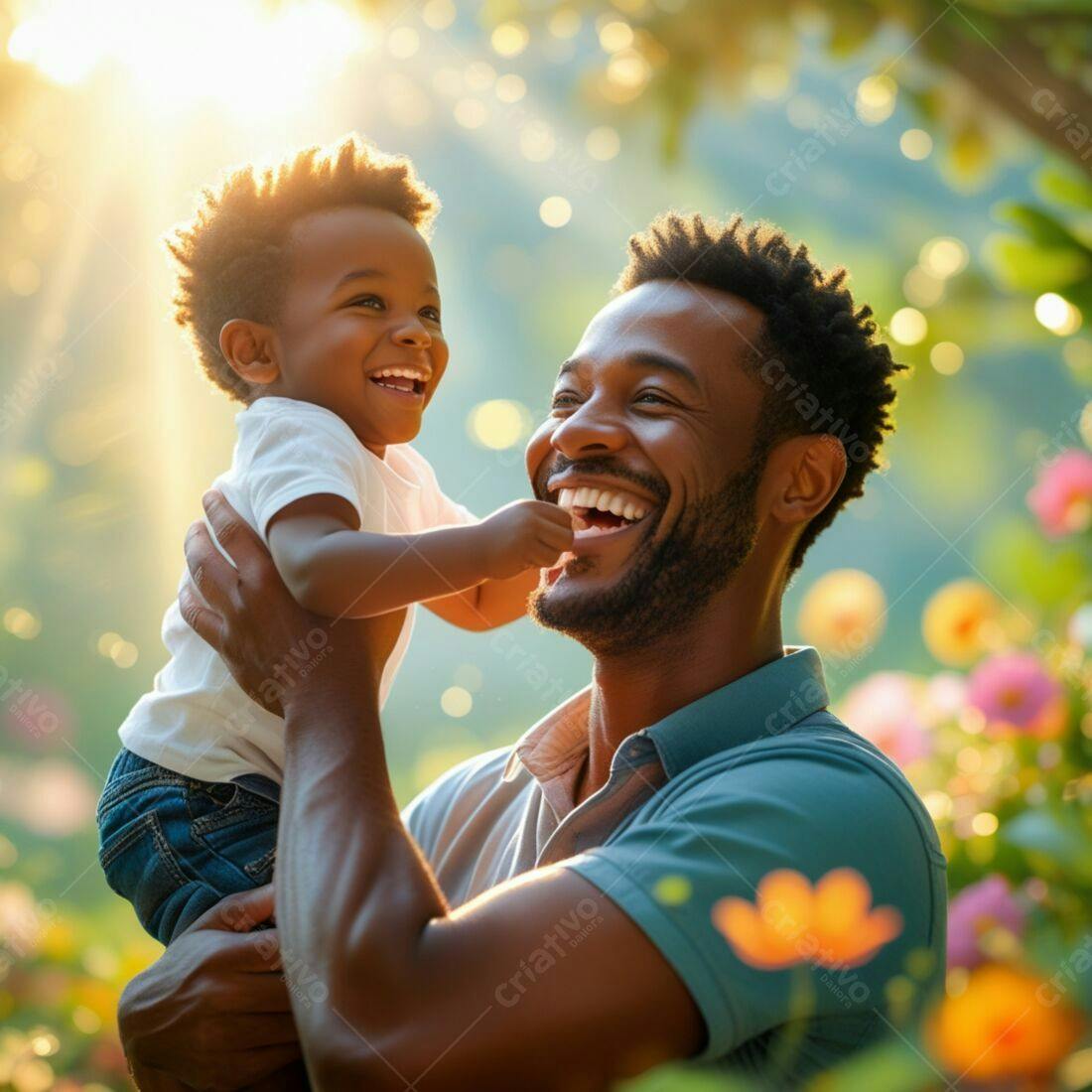 Pai e filho negros rindo em jardim ensolarado