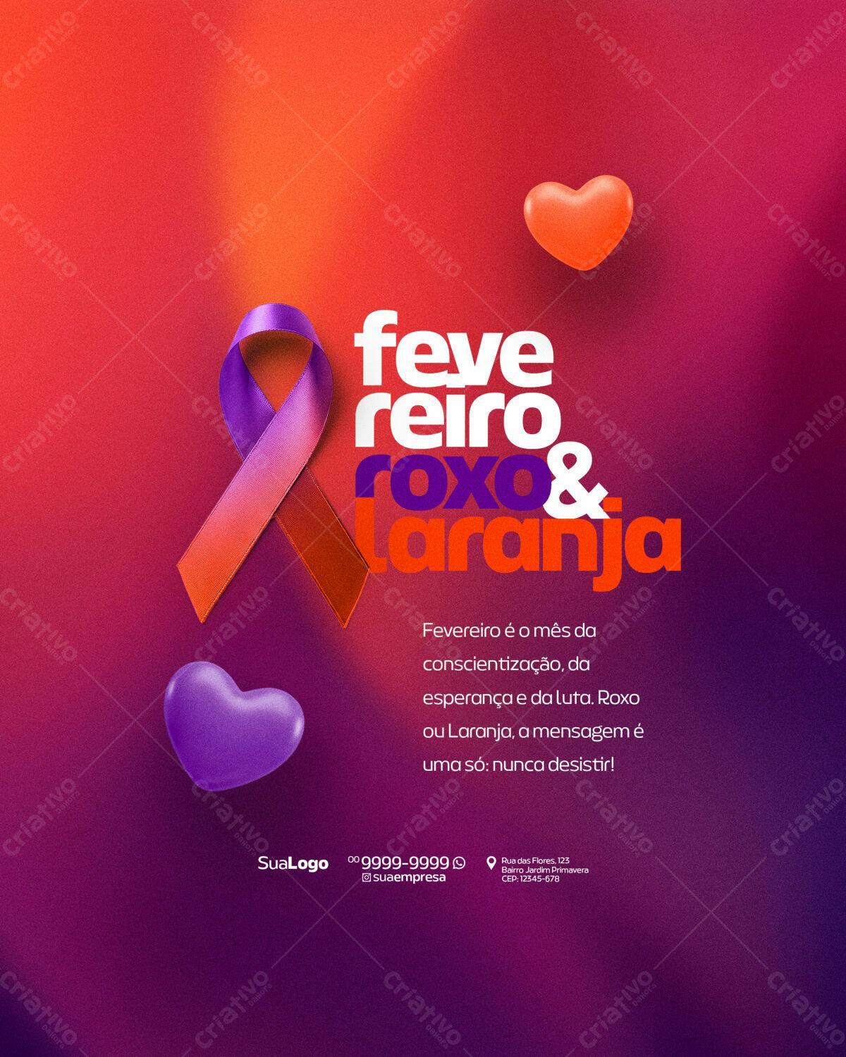 Flyer Fevereiro Roxo e Laranja PSD Editável