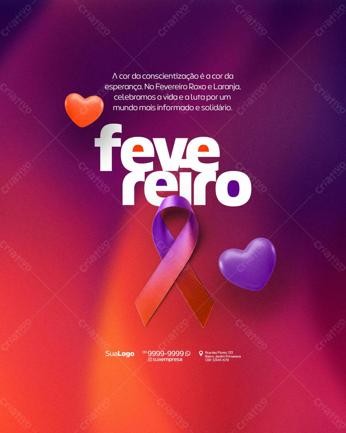 Post para Fevereiro Roxo e Laranja PSD Editável