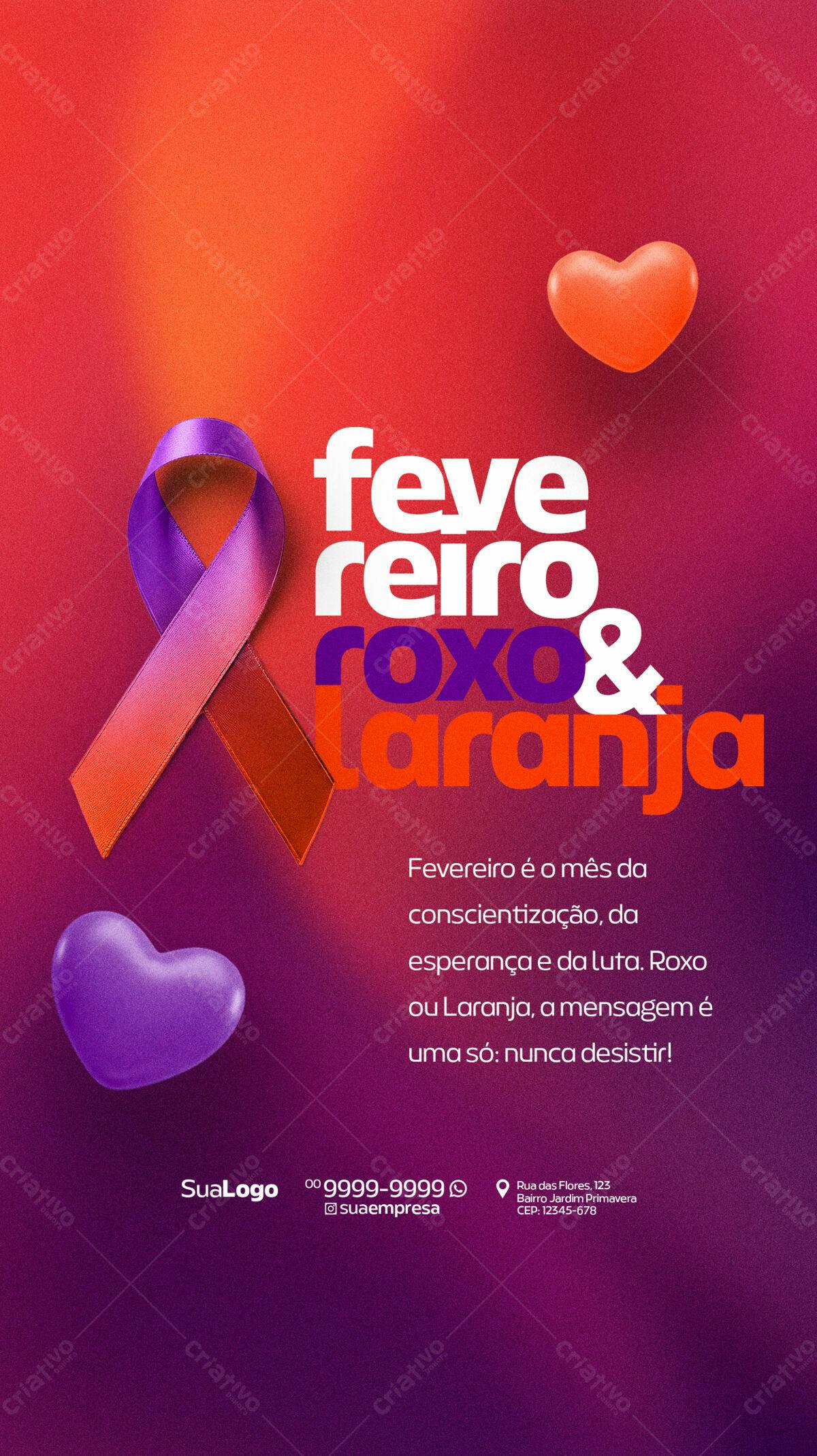 Flyer Fevereiro Roxo & Laranja PSD Editável
