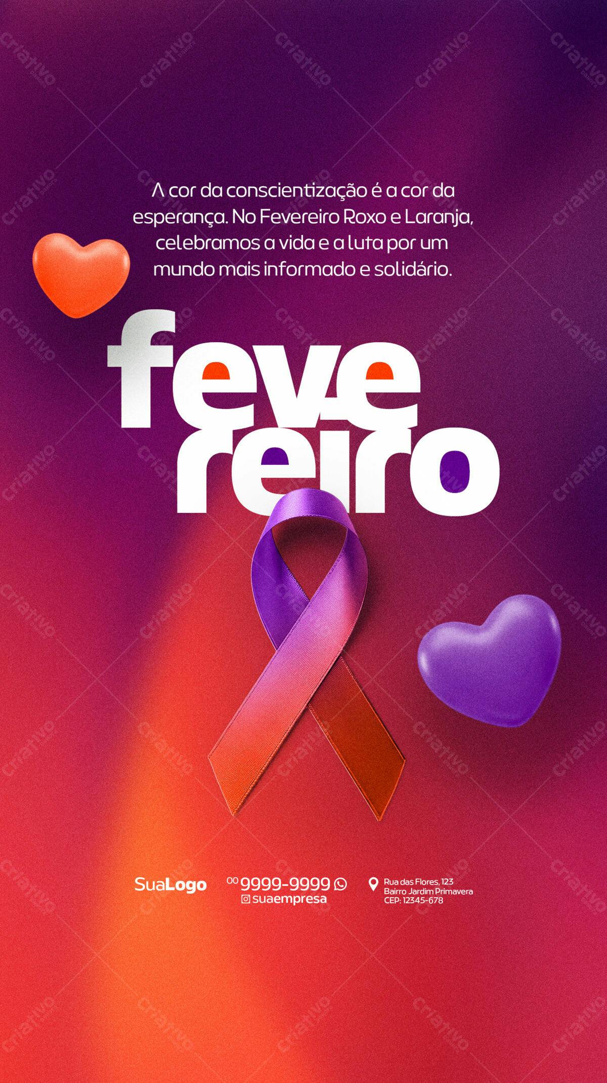 Flyer Fevereiro Roxo e Laranja PSD Editável
