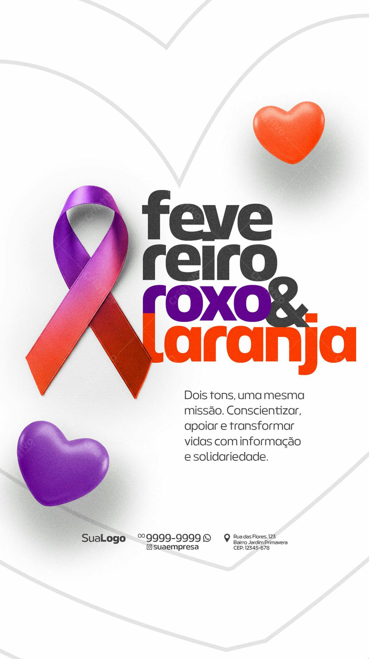 Flyer Fevereiro Roxo e Laranja PSD Editável