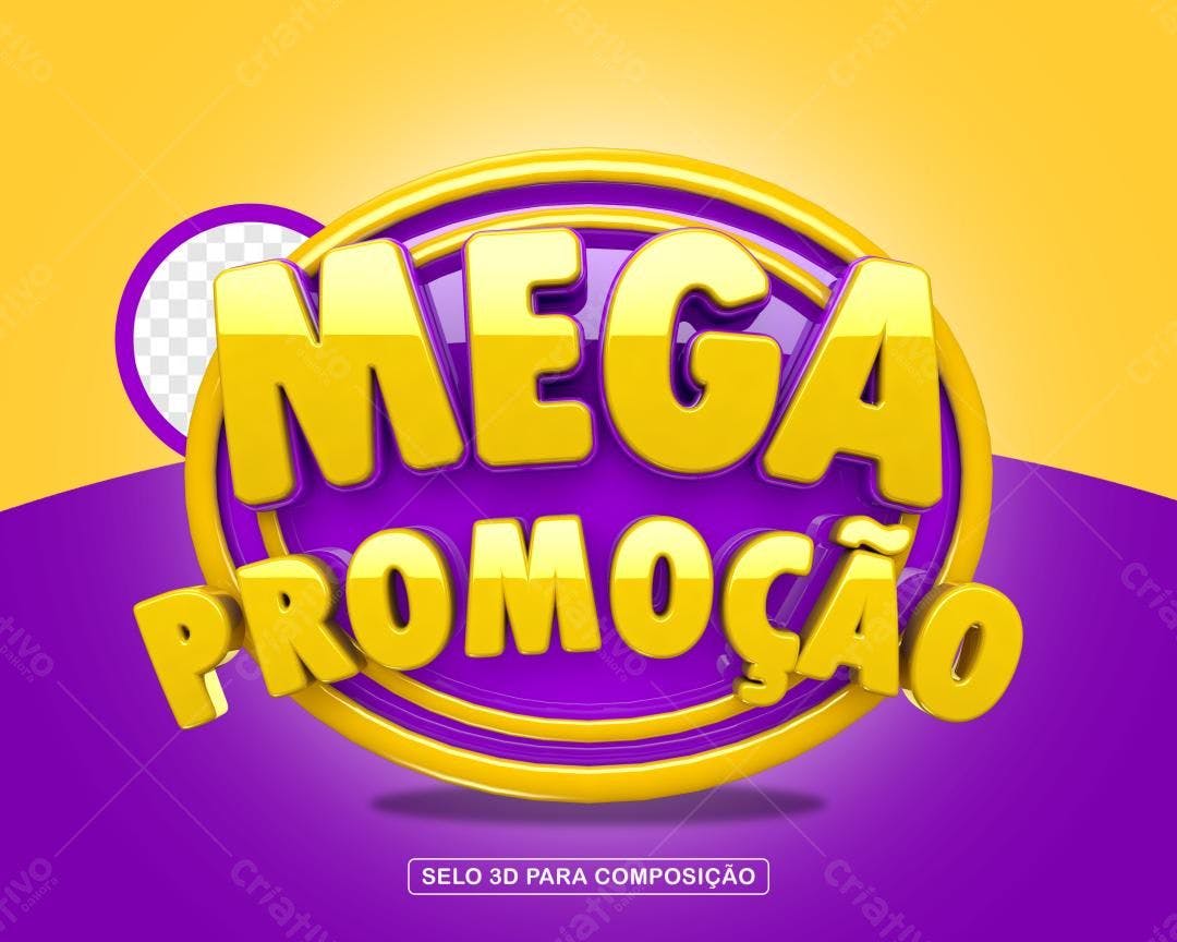 Selo 3D promocional amarelo e roxo brilhante