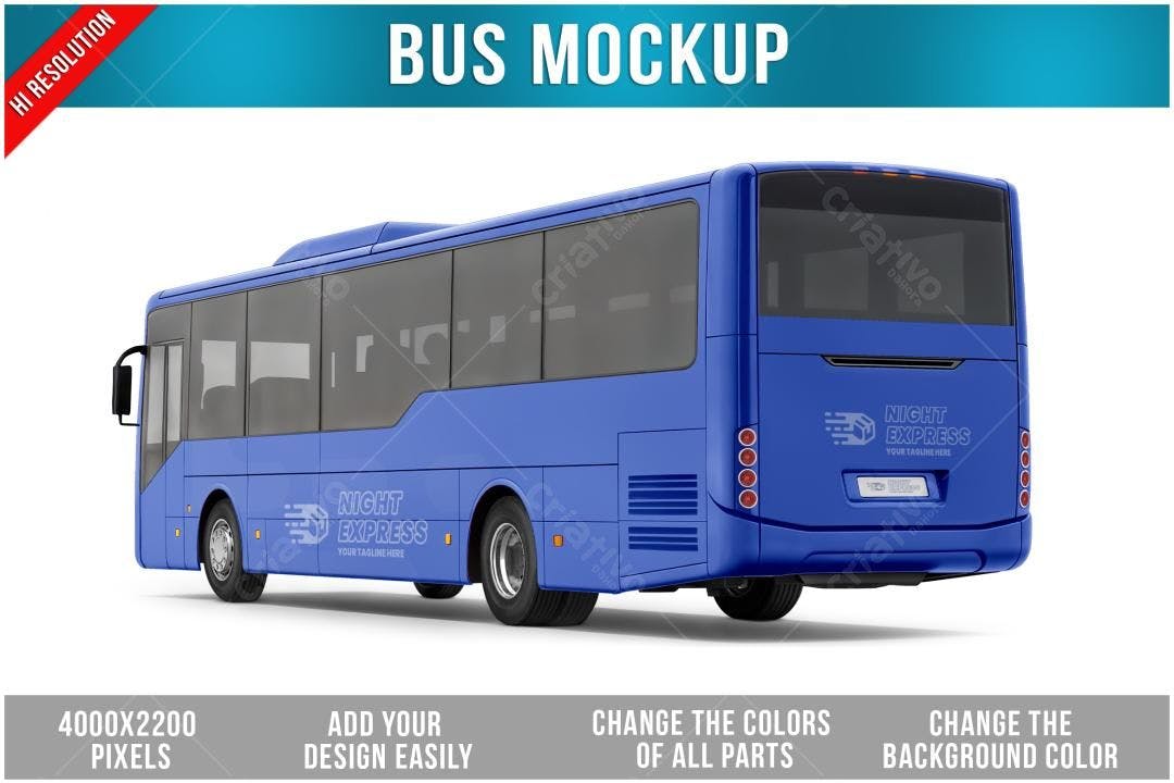 Mockup de Ônibus Azul Realista: Visualização Traseira