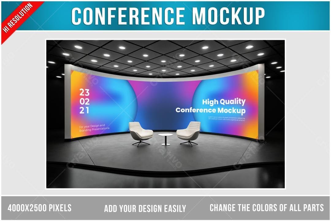 Mockup de Sala de Conferências com Tela Curva e Design Moderno