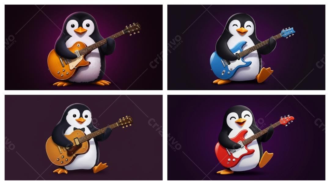 Pinguim tocando guitarra cores vibrantes